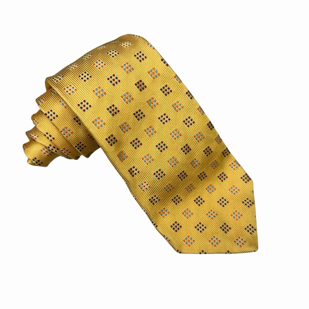 Turnbull & Asser Mens Tie Gold Geometric Squares Satin Silk England 3 5/8" x 61"